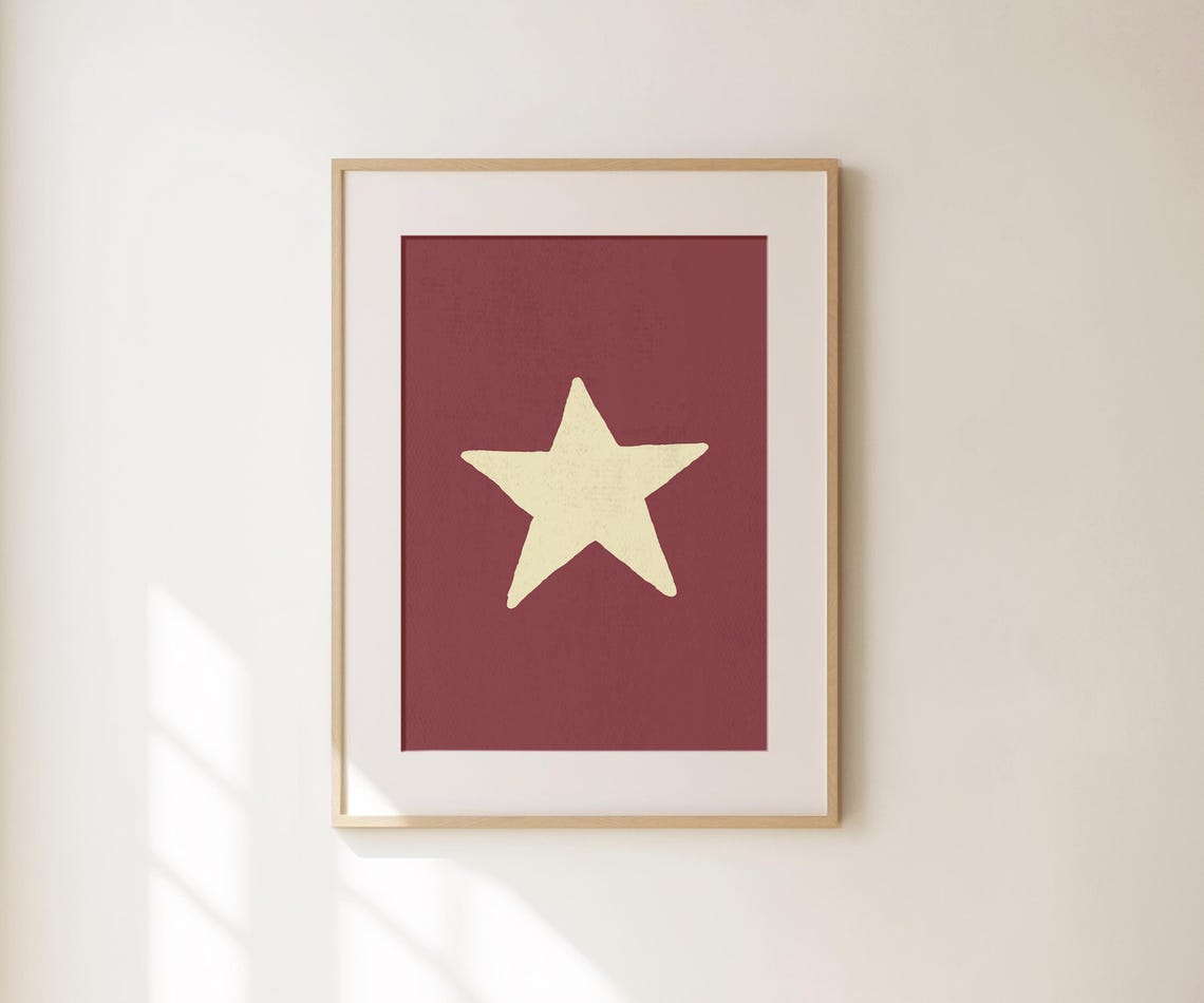 Retro Hand Drawn Cream Star On Maroon Minimalist Nursery Poster - Image 3