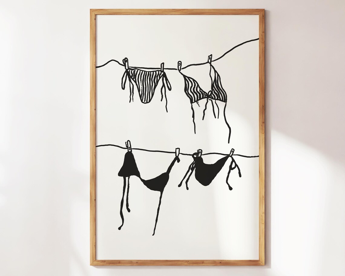 Bikini Clothesline Illustration Black White Minimalist Summer Art Poster - Image 3