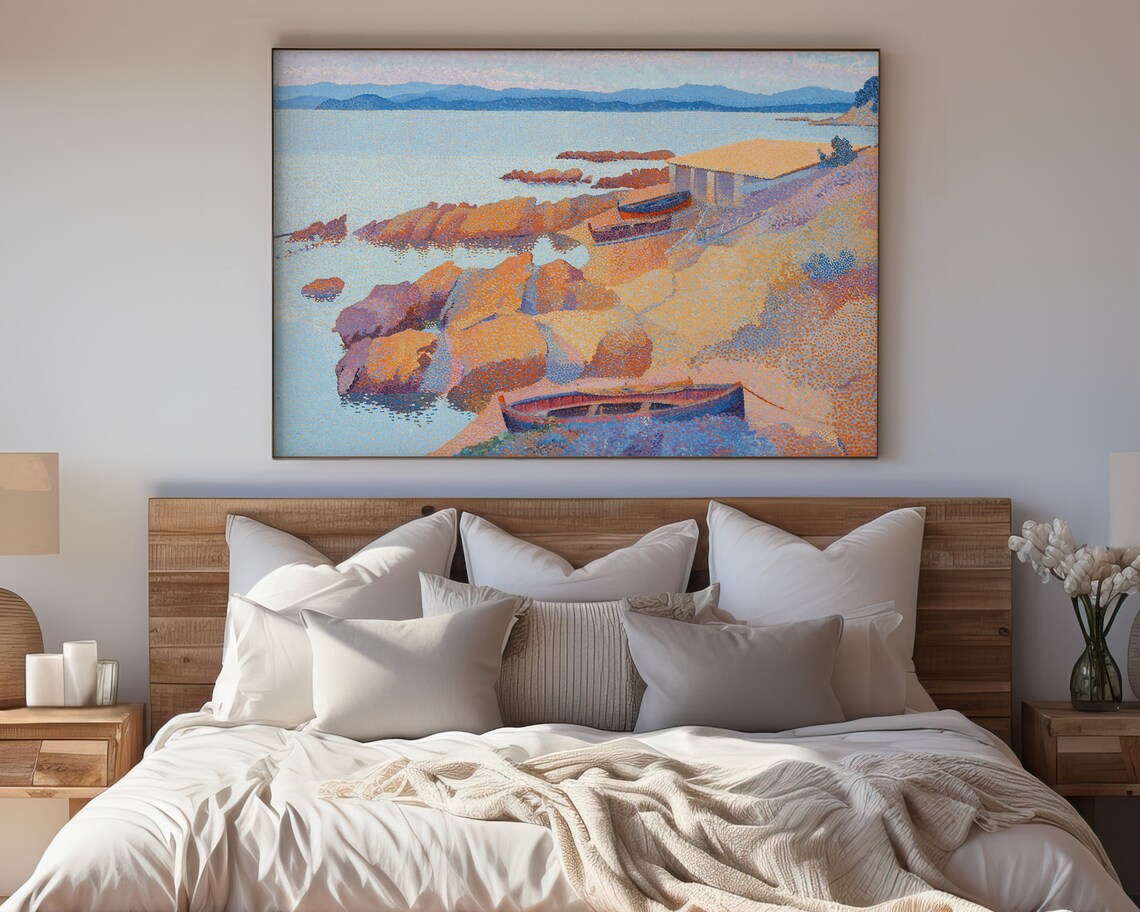Pointillist Rocky Coast Sailboats Blue Sea Vintage Landscape Art Poster - Image 5