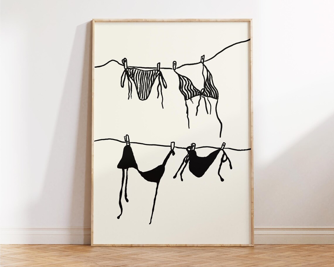 Bikini Clothesline Illustration Black White Minimalist Summer Art Poster - Image 4