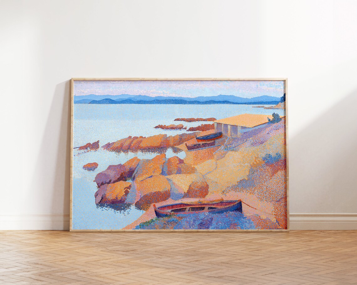 Pointillist Rocky Coast Sailboats Blue Sea Vintage Landscape Art Poster