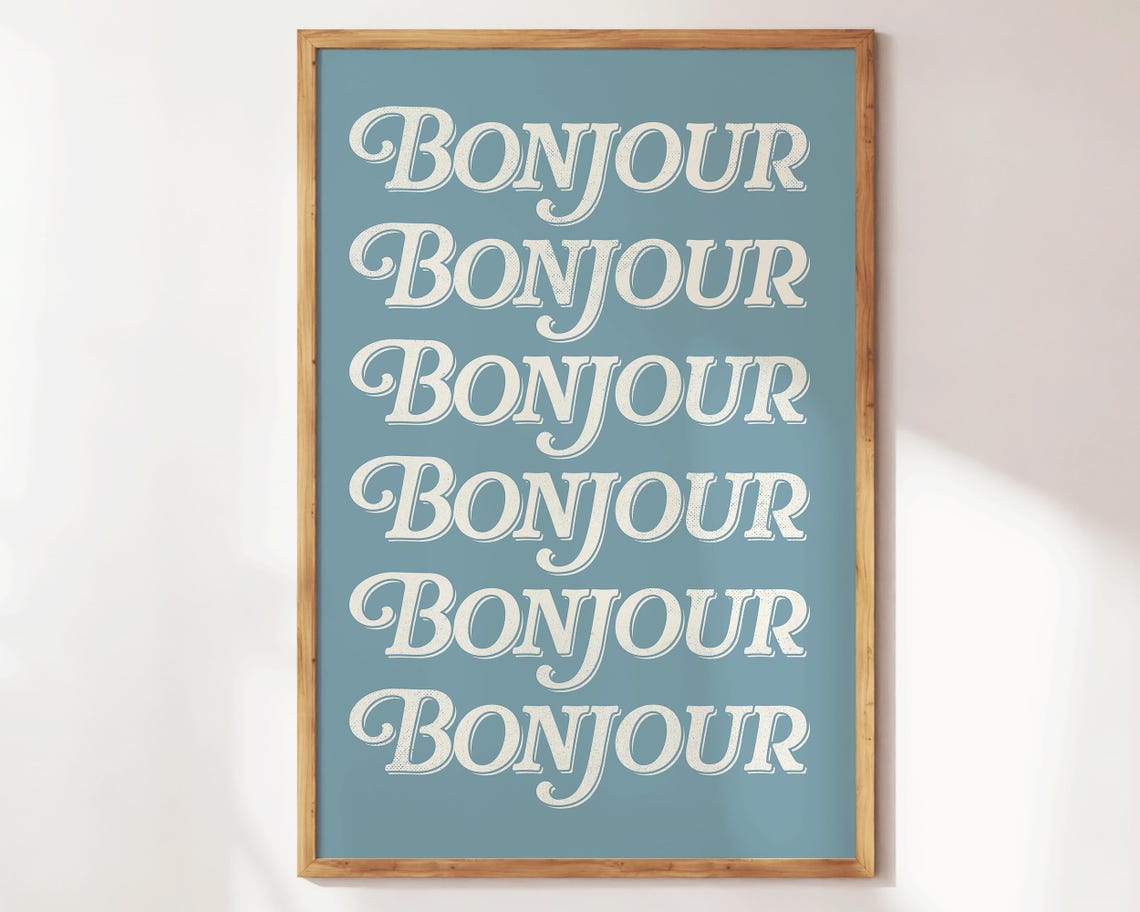 Bonjour French Retro Script Cream Blue Minimalist Typography Poster - Image 2