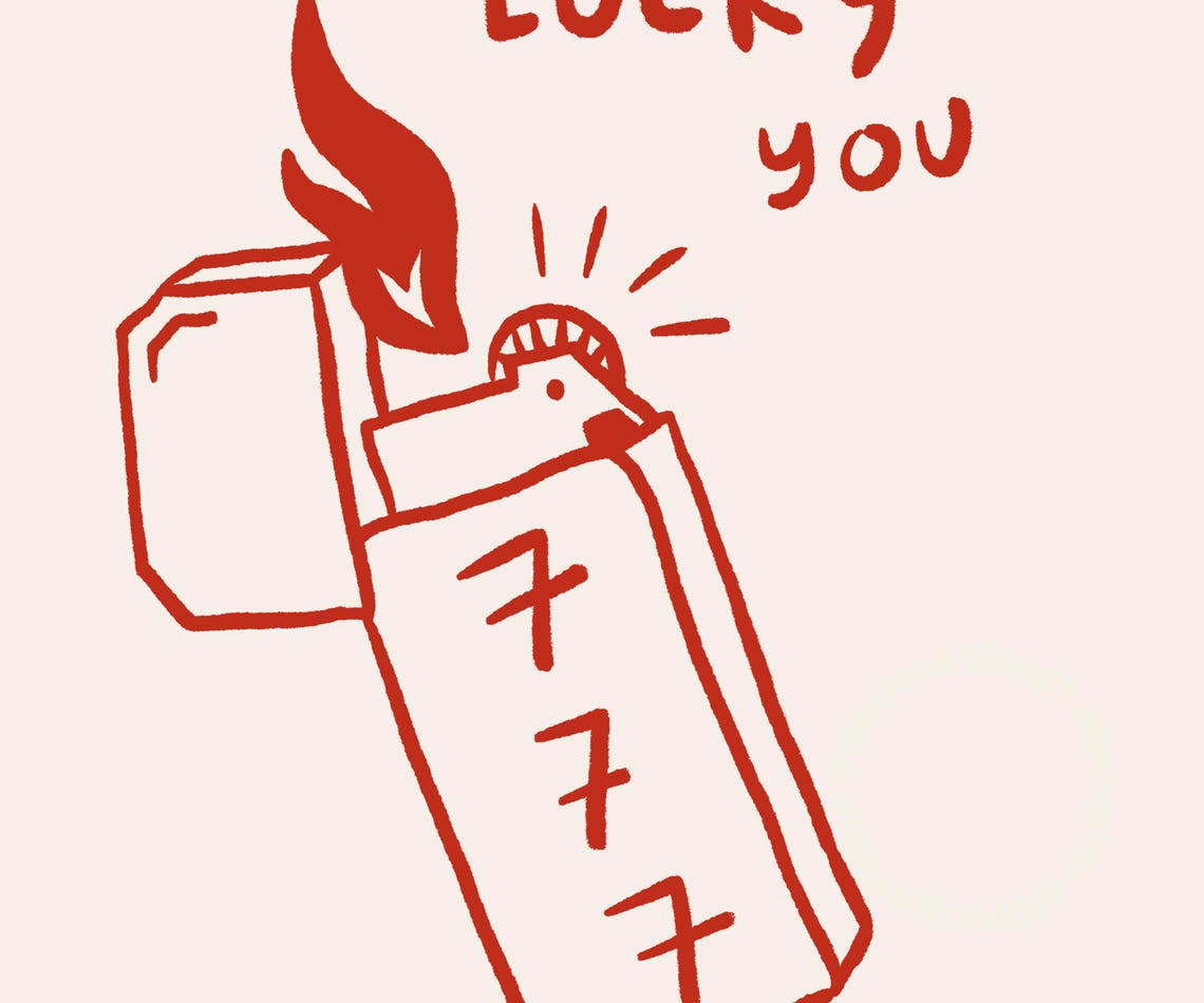 Lucky You 777 Angel Number Lighter Doodle Red Wall Art Print Poster - Image 5