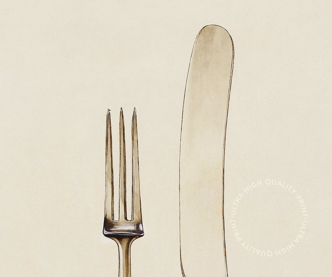 Vintage Fork Knife Silverware Illustration Cream Retro Kitchen Art Poster - Image 5