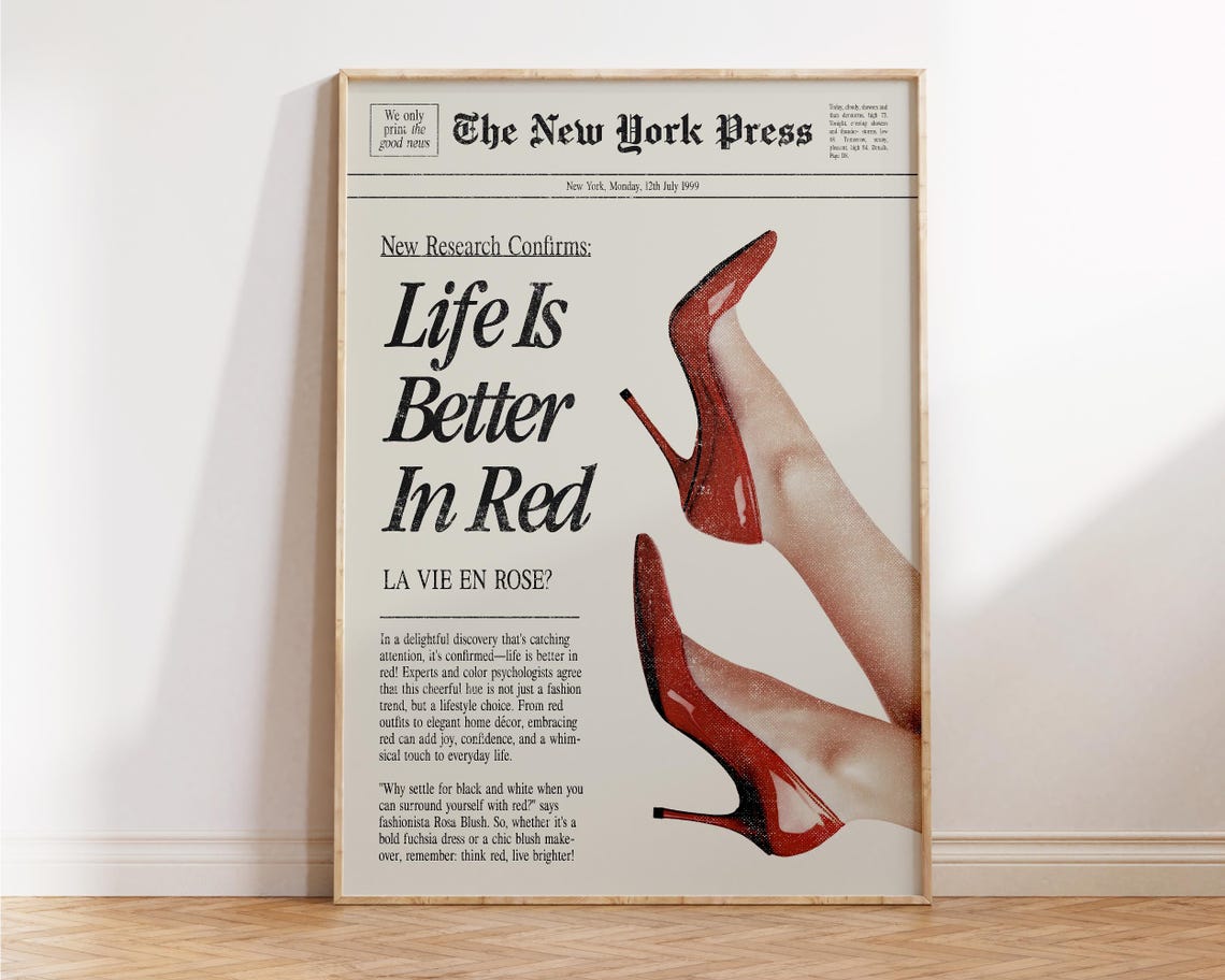 Life Is Better In Red Newspaper Headline Red Heels Vintage Poster