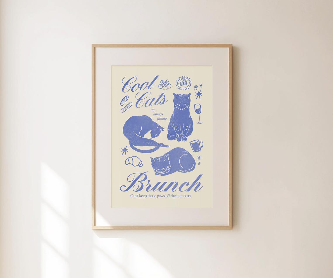 Cool Cats Brunch Funny Blue Retro Cat Illustration Kitchen Poster - Image 4