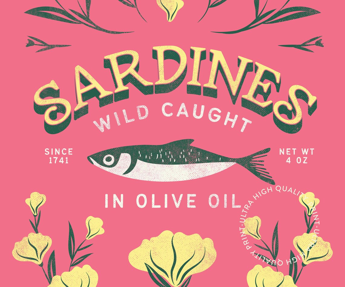 Sardines Wild Caught Olive Oil Pink Sardine Tin Floral Kitchen Poster - Image 4