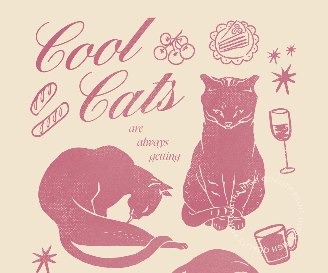 Cool Cats Brunch Funny Pink Retro Cat Illustration Kitchen Poster - Image 5