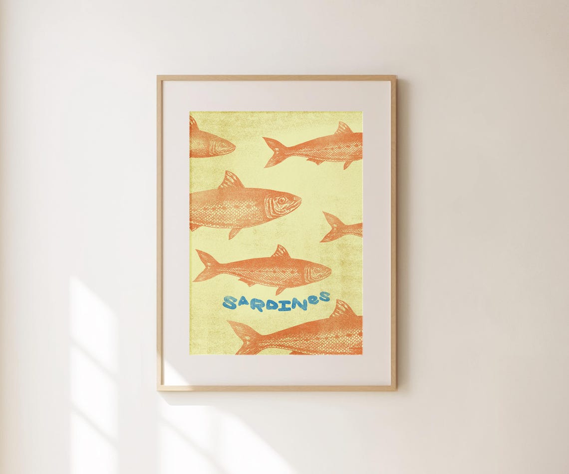 Sardines Orange Fish Illustration Yellow Retro Kitchen Decor Poster - Image 3