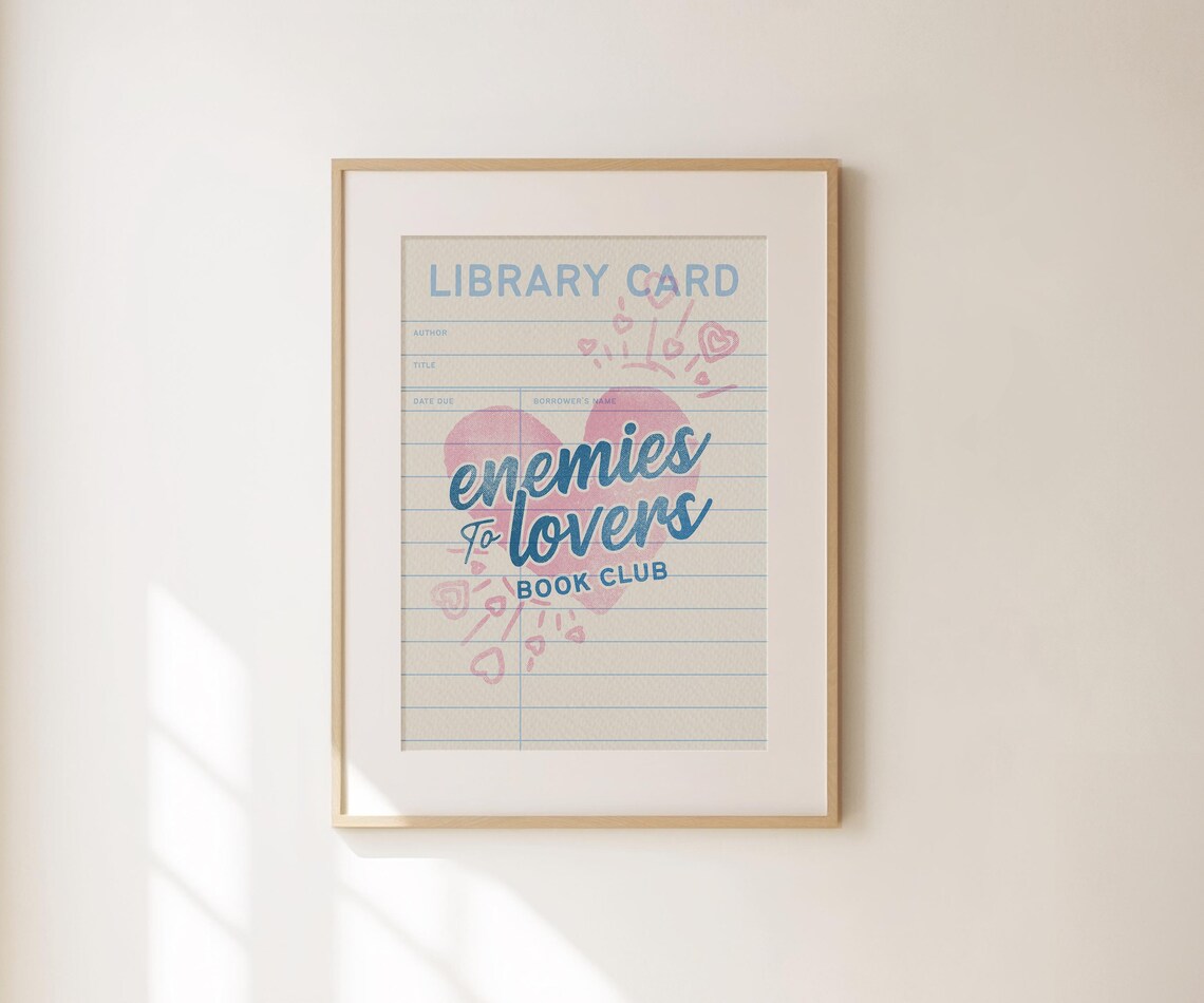 Enemies To Lovers Book Club Retro Library Card Pink Heart Art Poster - Image 3