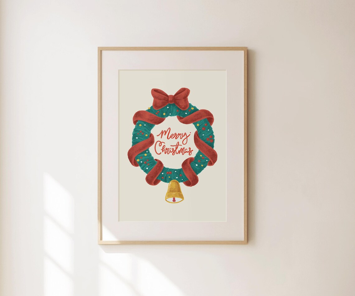 Merry Christmas Watercolor Wreath Ribbon Bell Retro Holiday Wall Art - Image 4