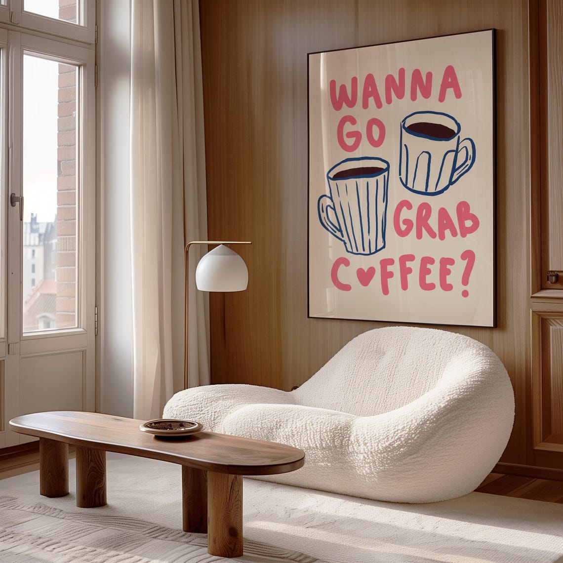 Wanna Go Grab Coffee Quote Pink Text Blue Cup Doodle Kitchen Poster - Image 4