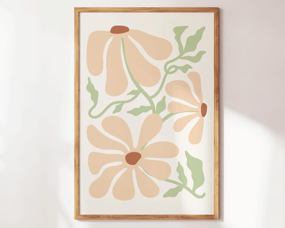 Peach Retro Flowers Cream Background Minimal Botanical Wall Art Print - Image 3