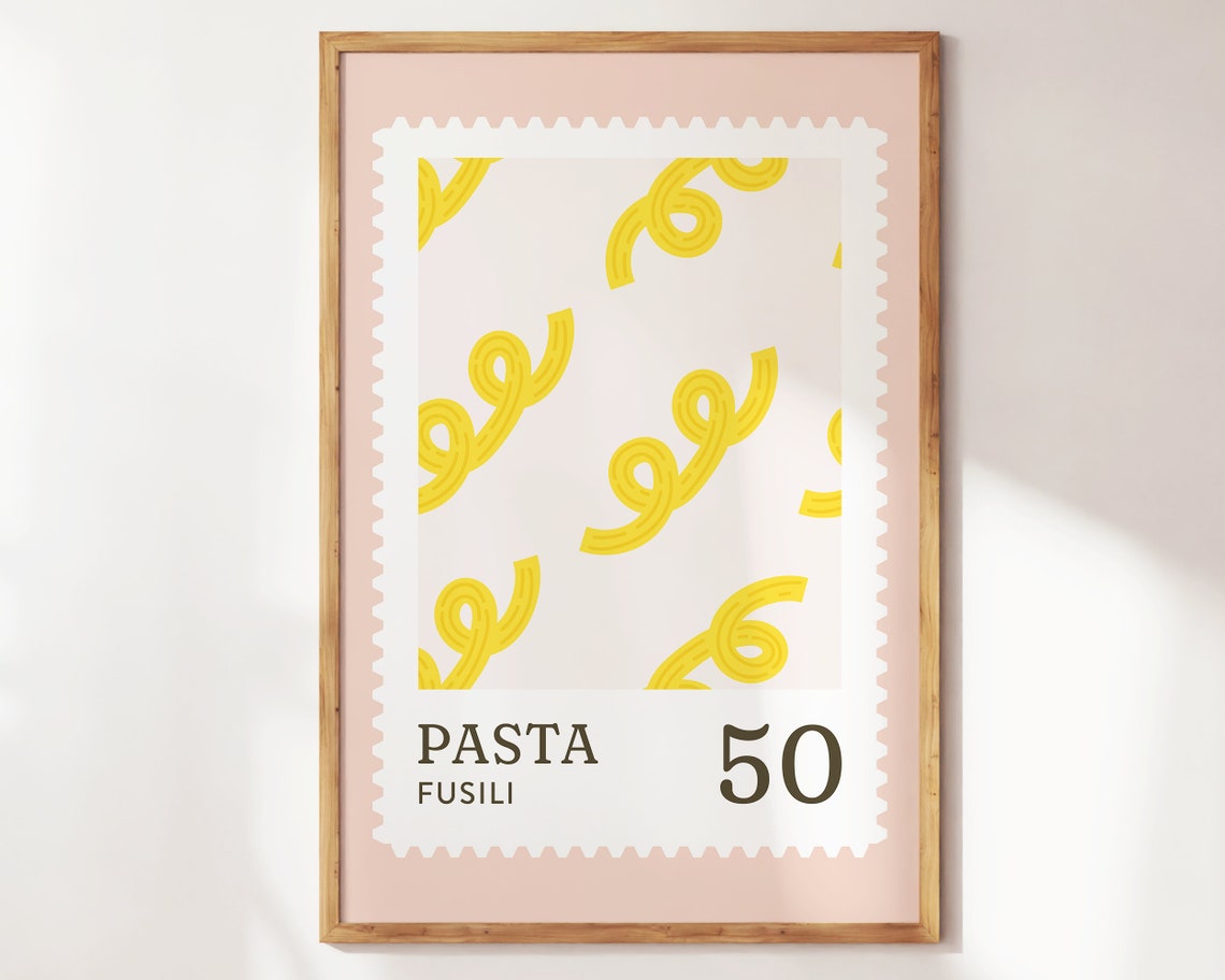 Pasta Fusili Stamp Style Retro Pink Kitchen Food Illustration Wall Art