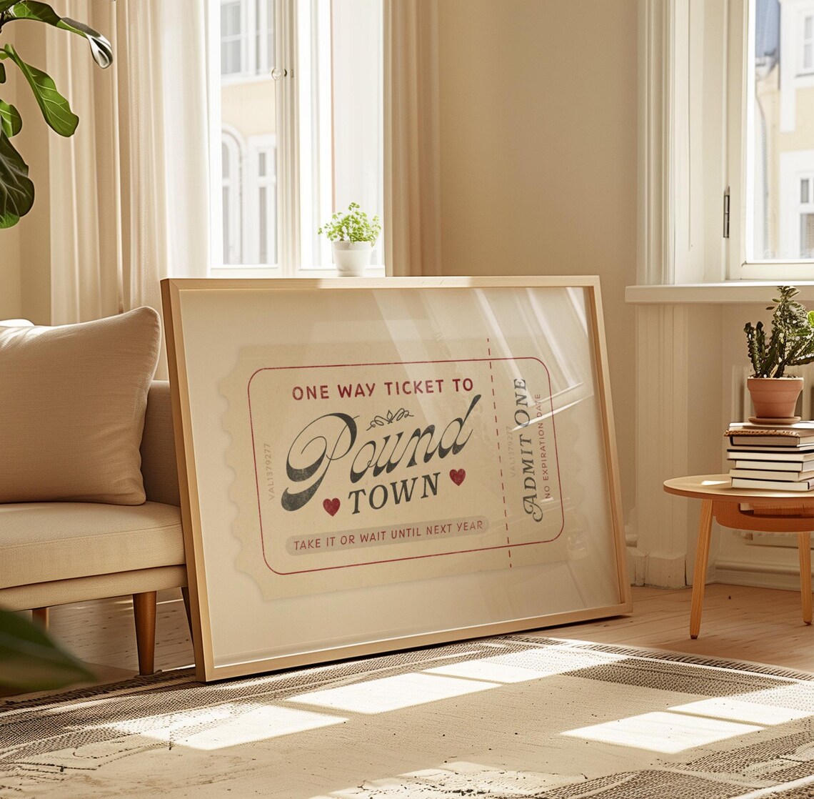 One Way Ticket To Pound Town Cream Red Retro Ticket Funny Love Poster - Image 3