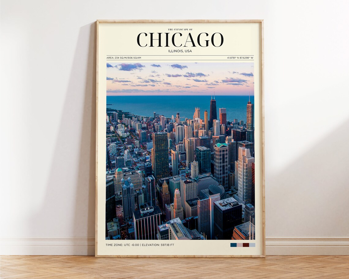 Chicago Illinois Sunset Skyline Aerial Travel Poster Lake Michigan Art