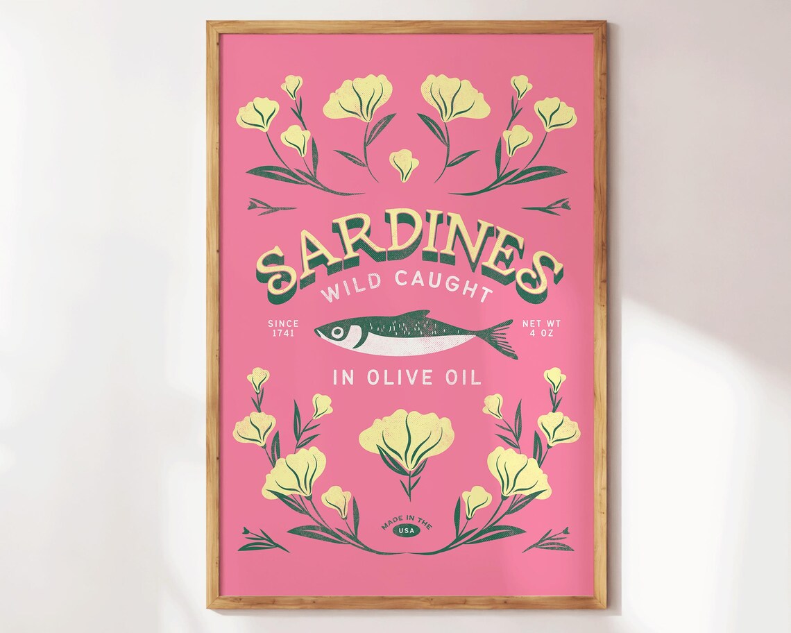 Sardines Wild Caught Olive Oil Pink Sardine Tin Floral Kitchen Poster - Image 2