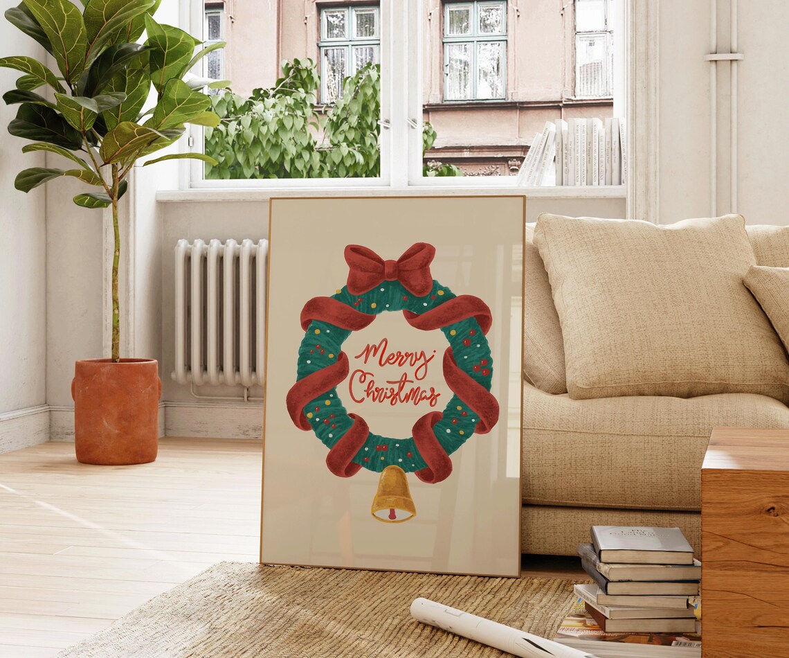 Merry Christmas Watercolor Wreath Ribbon Bell Retro Holiday Wall Art - Image 3