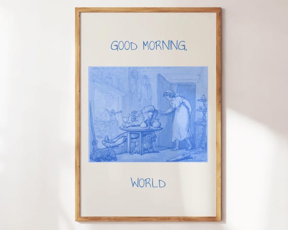 Good Morning World Vintage Apartment Decor Gift For Nappers Funny Bedroom Wall Art Blue Poster Trendy Retro Bedroom Apartment Art