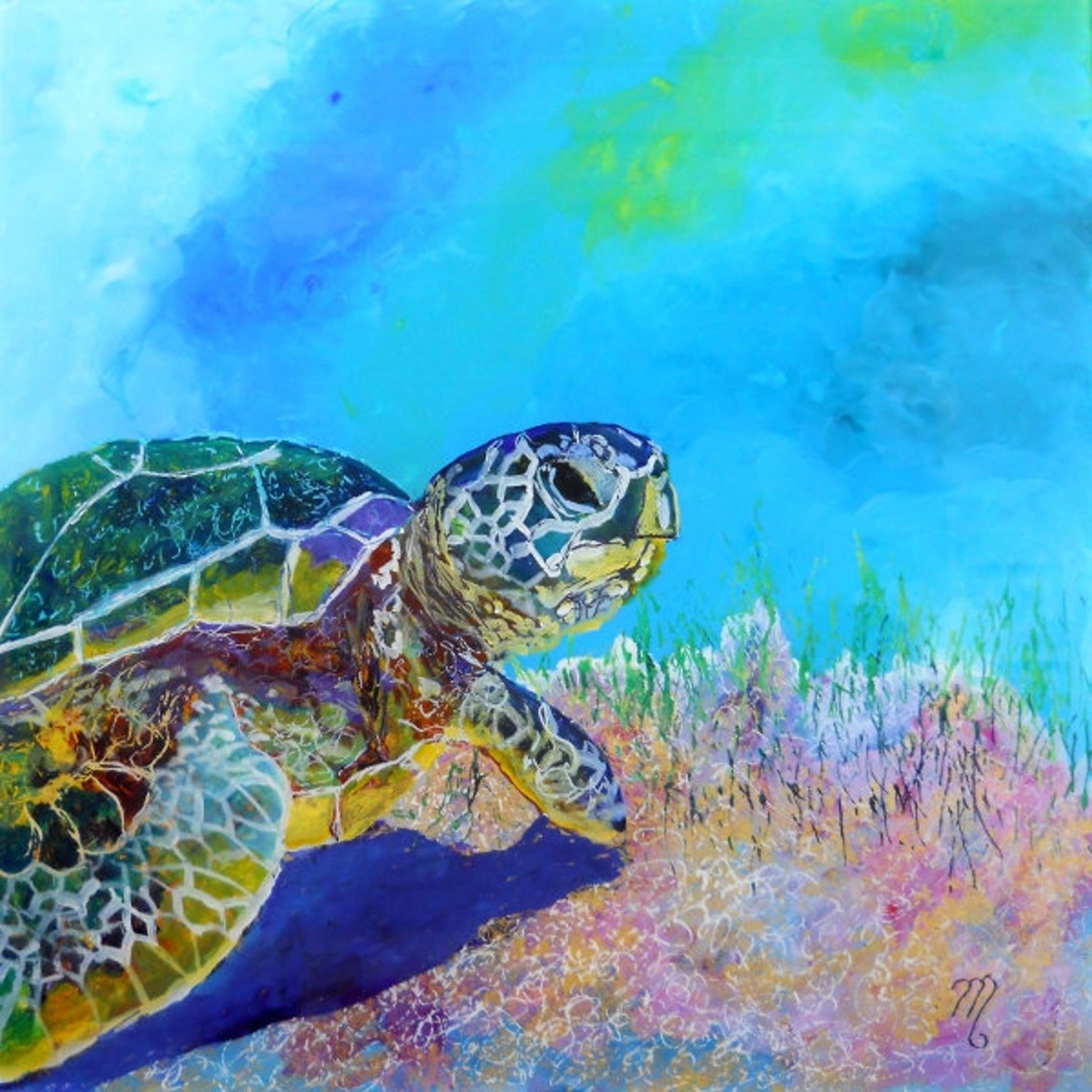 Green Sea Turtle Honu Swimming Coral Reef Underwater Art Print Hawaii