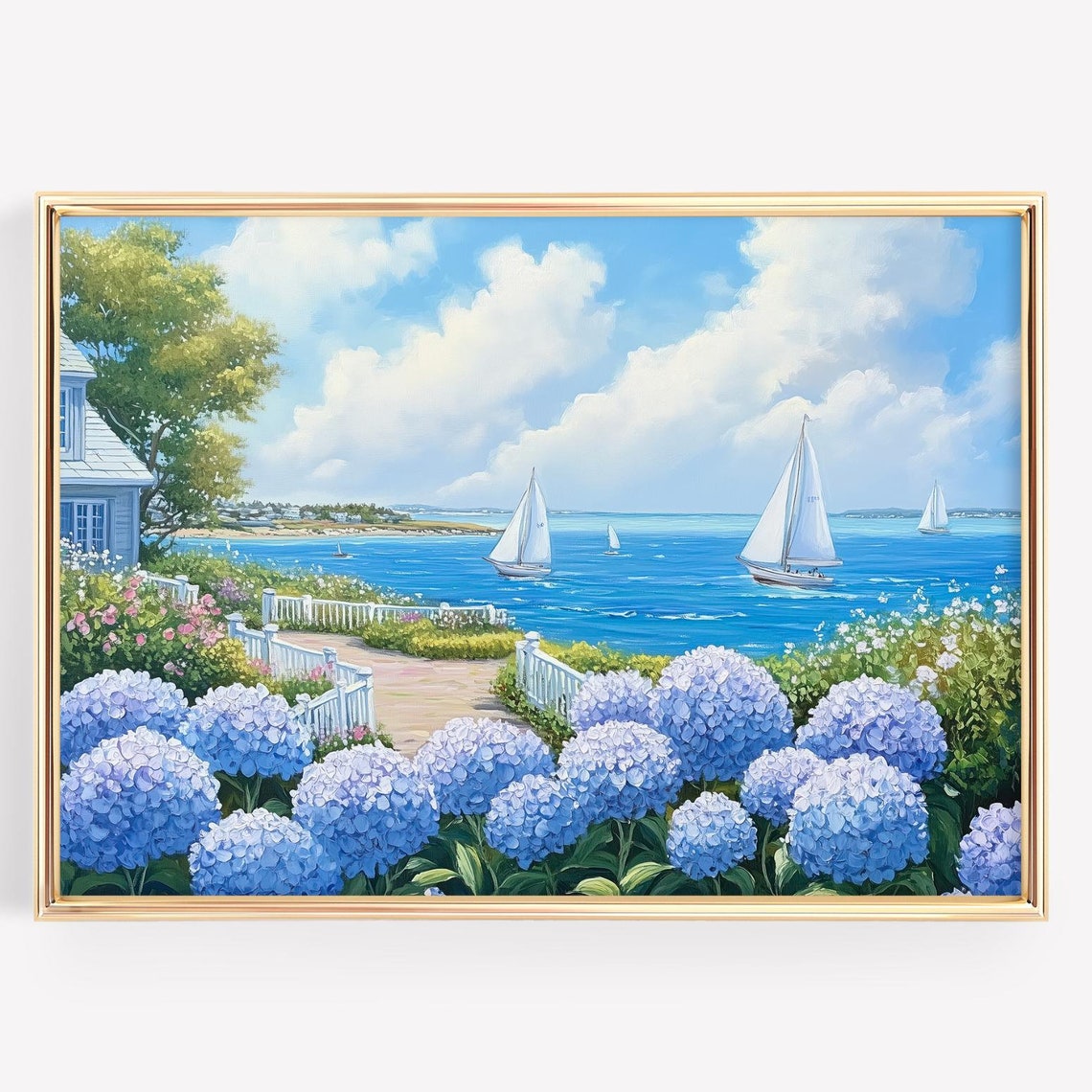 Nantucket Hydrangeas Sailboats Coastal Scene Luxury Beach House Print