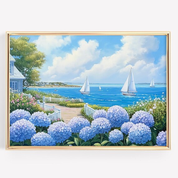 Nantucket Hydrangeas Sailboats Coastal Scene Luxury Beach House Print