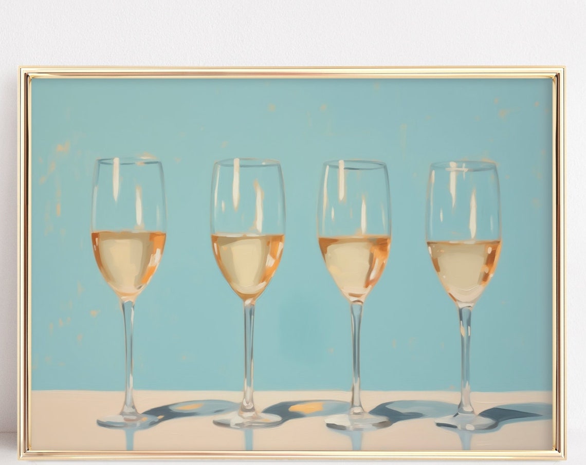 White Wine Glasses Quartet Minimalist Turquoise Bar Cart Art Poster