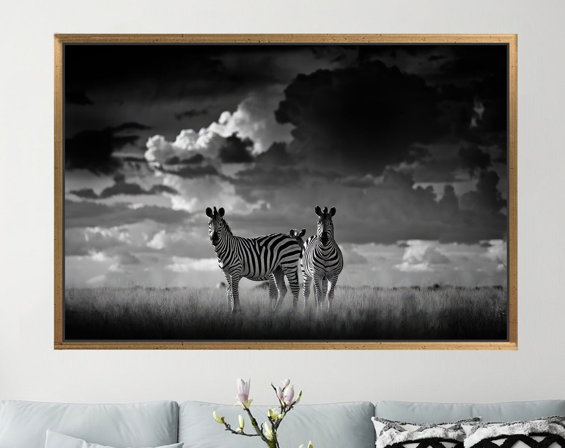 Two Zebras Black White Savanna Dramatic Sky Wildlife Photo Poster