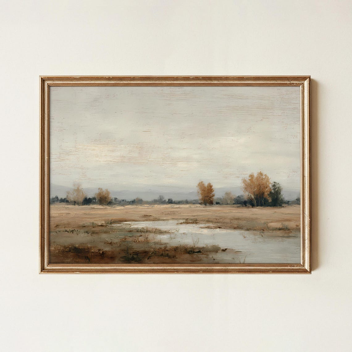 Neutral Autumn Field Landscape Oil Painting With Trees Wall Art