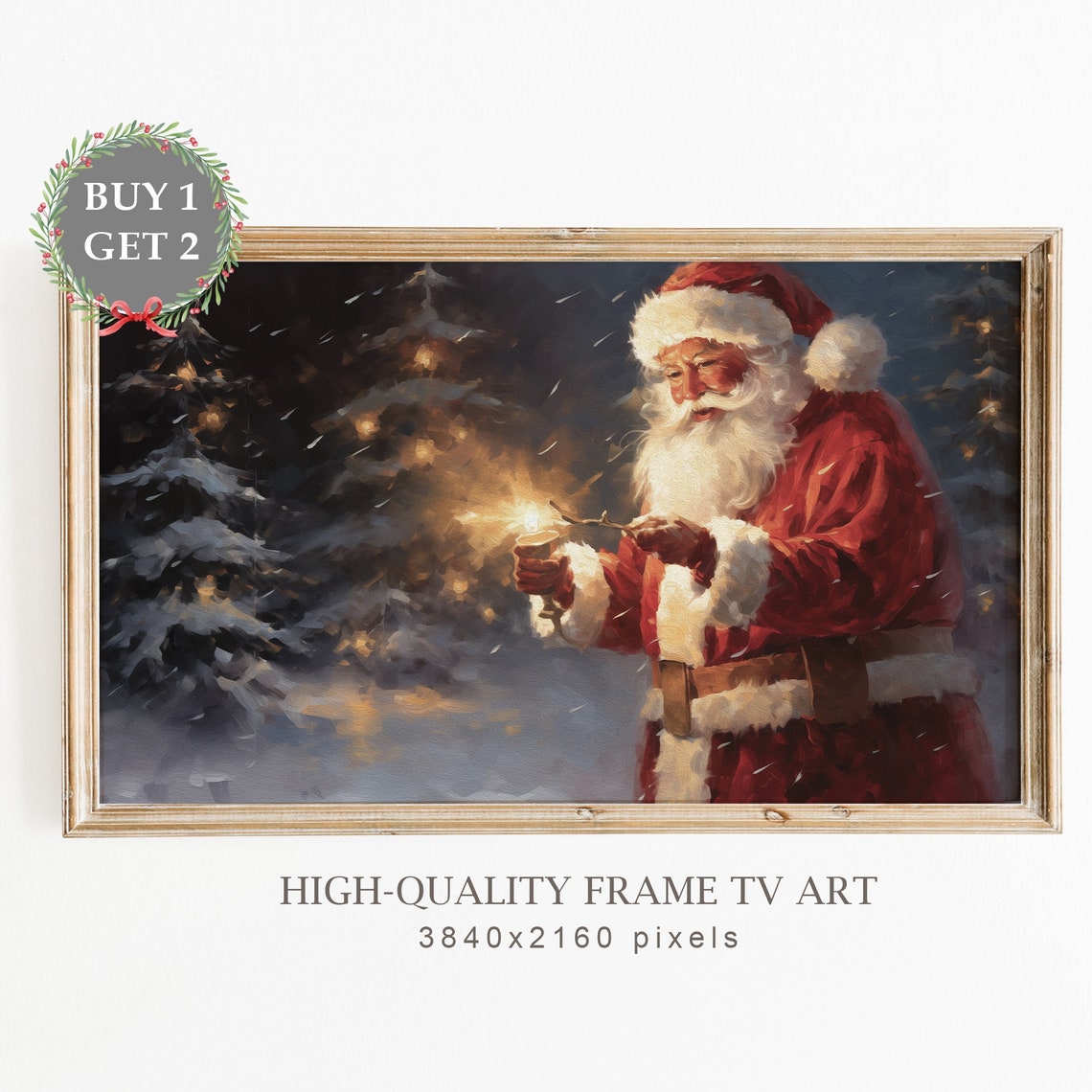 Santa Claus Lighting Candle In Snowy Forest Night Art Poster
