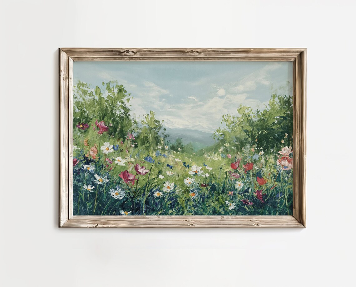 Spring Wildflower Meadow Lush Green Vintage Oil Painting Floral Wall Art - Image 3