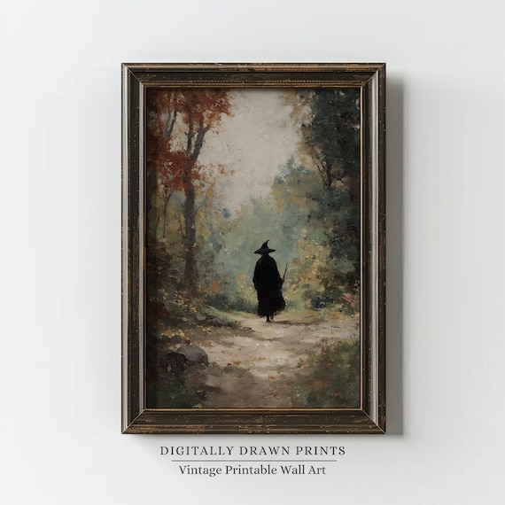 Vintage Halloween Witch Wall Art Rustic Decor Dark Academia Painting