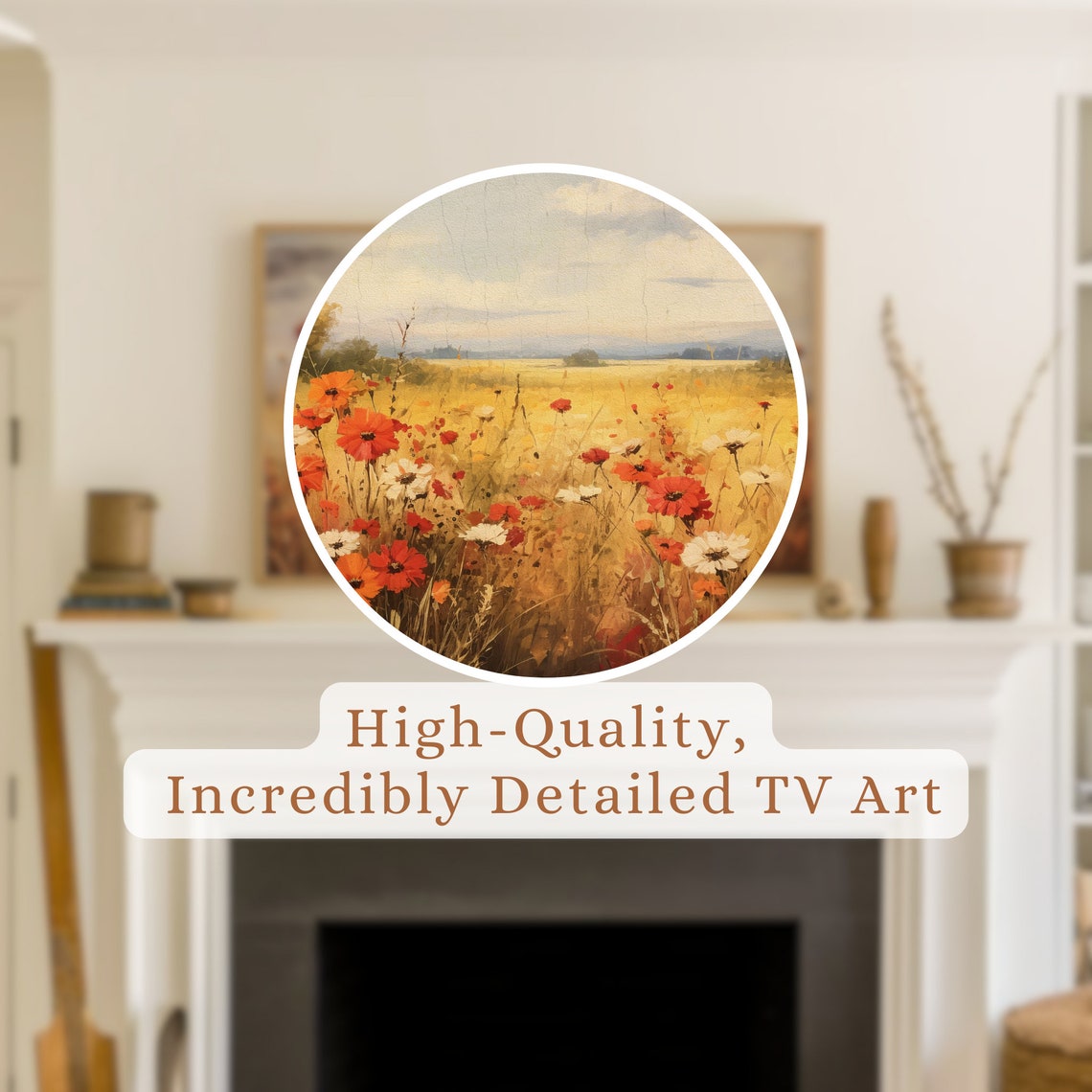 Autumn Meadow Red Orange White Wildflowers Cloudy Sky Vintage Poster - Image 2