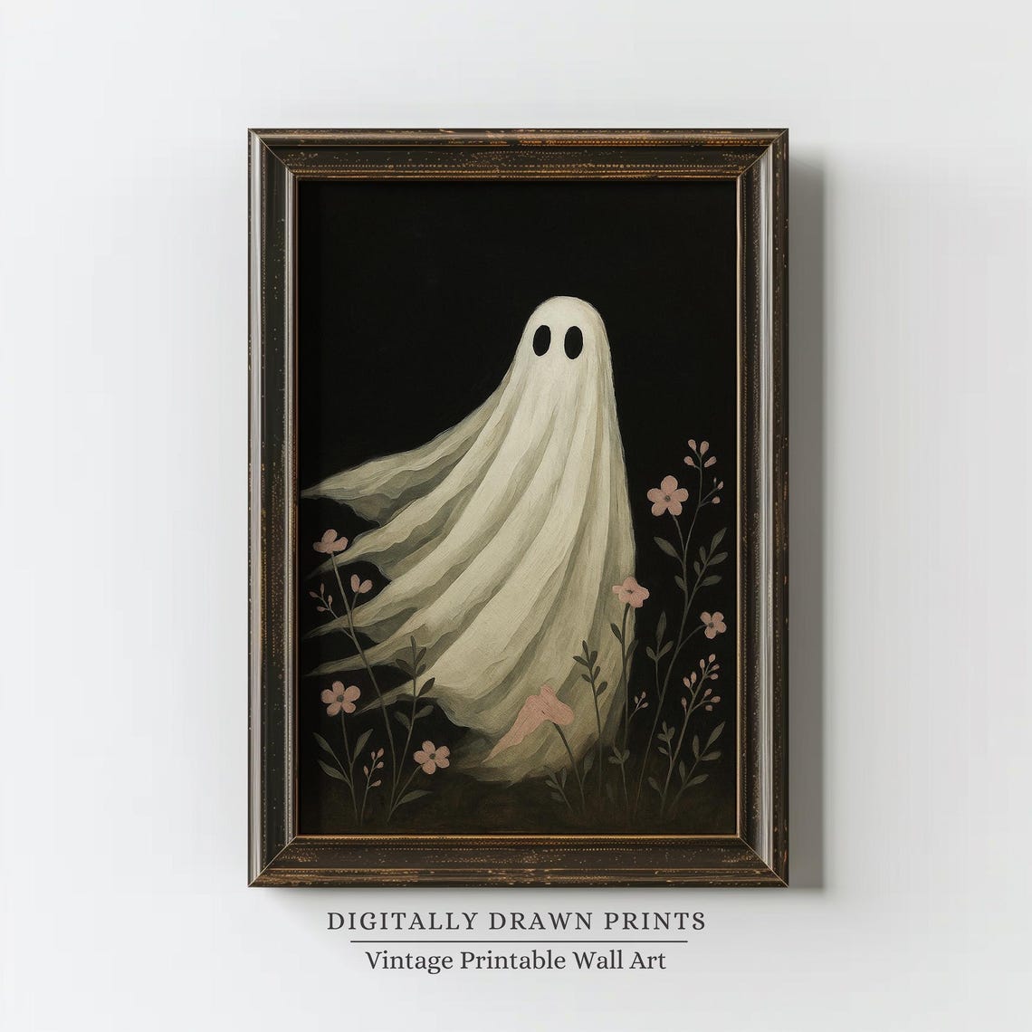 Ghost Among Pink Flowers On Black Background Vintage Halloween Poster