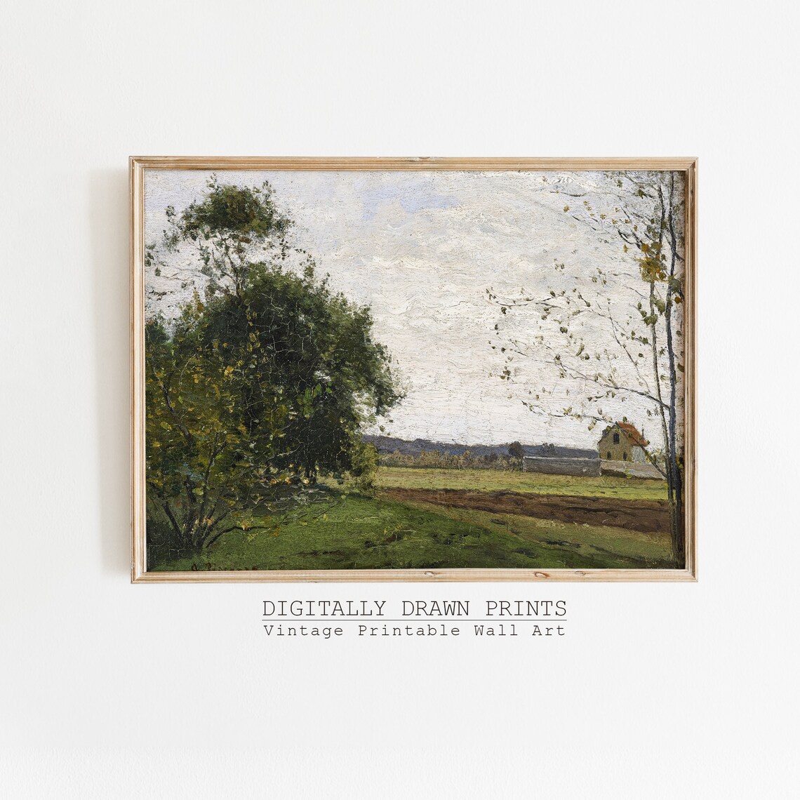 Summer Country Landscape Big Tree Plowed Field Farmhouse Vintage Poster