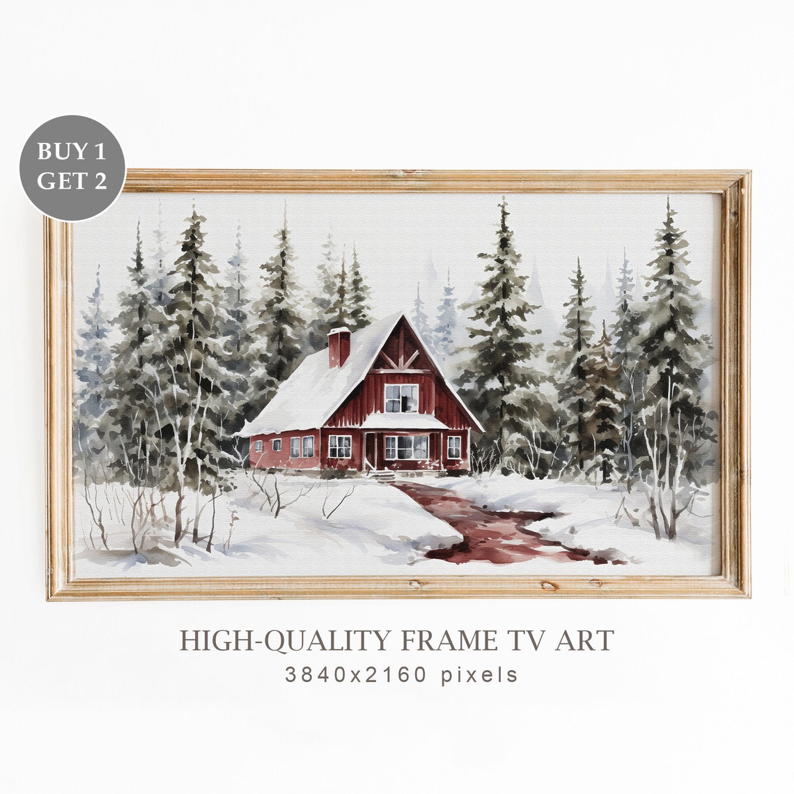 Red Barn Cabin In Snowy Winter Forest Watercolor Rustic Retreat Poster