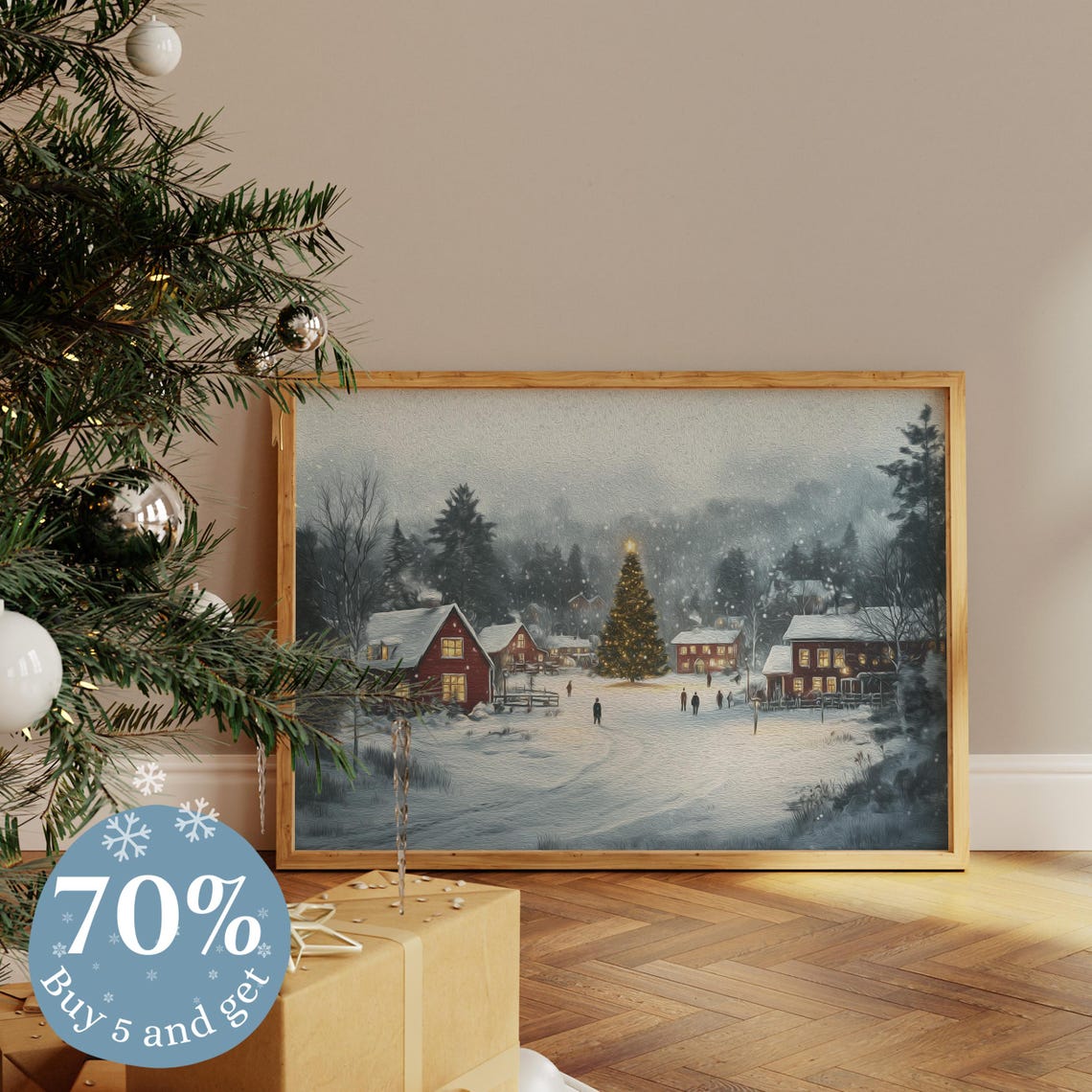 Snowy Christmas Village Lit Tree Red Houses Falling Snow Poster - Image 5