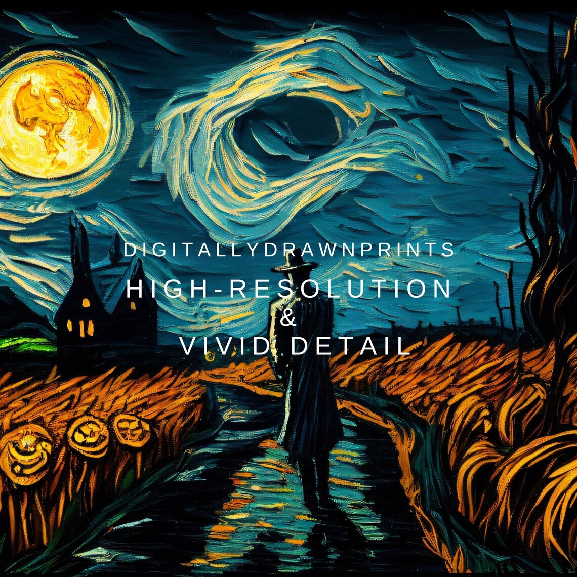 Van Gogh Inspired Halloween Moon Haunted House Jack O Lanterns Spooky Poster - Image 2