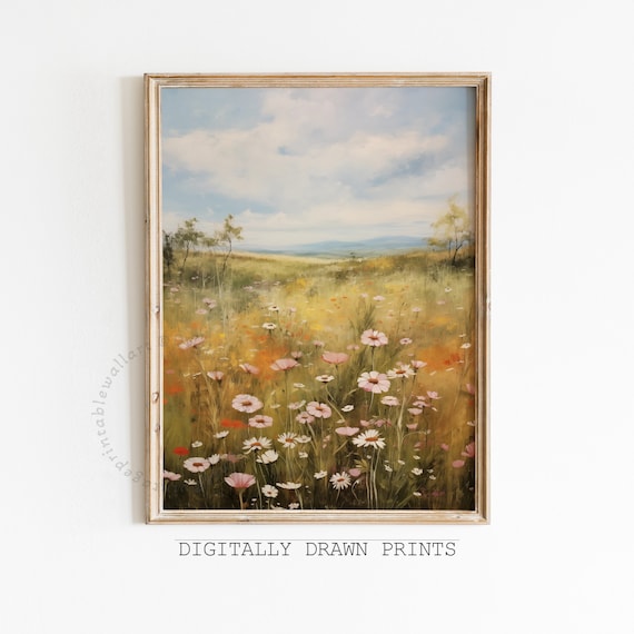 Pink White Cosmos Meadow Distant Hills Blue Sky Vintage Oil Print