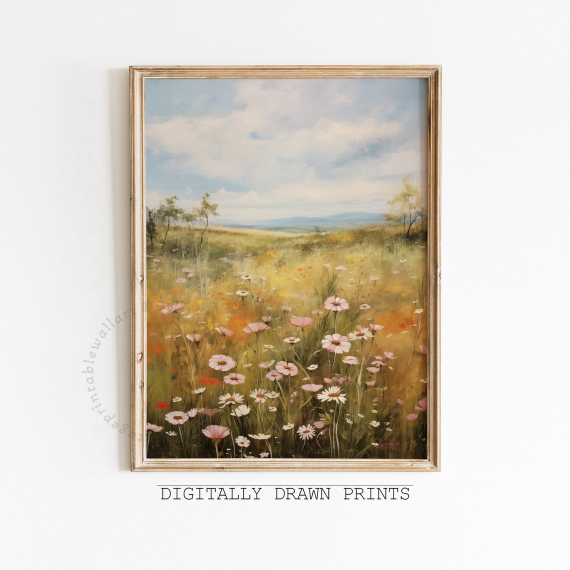 Pink White Cosmos Meadow Distant Hills Blue Sky Vintage Oil Print