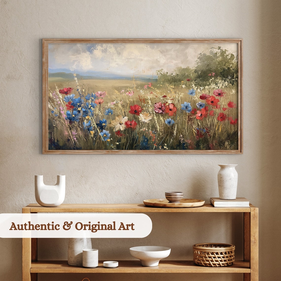 Wildflower Meadow Red Blue Blooms Cloudy Sky Frame TV Art Print Rustic - Image 3