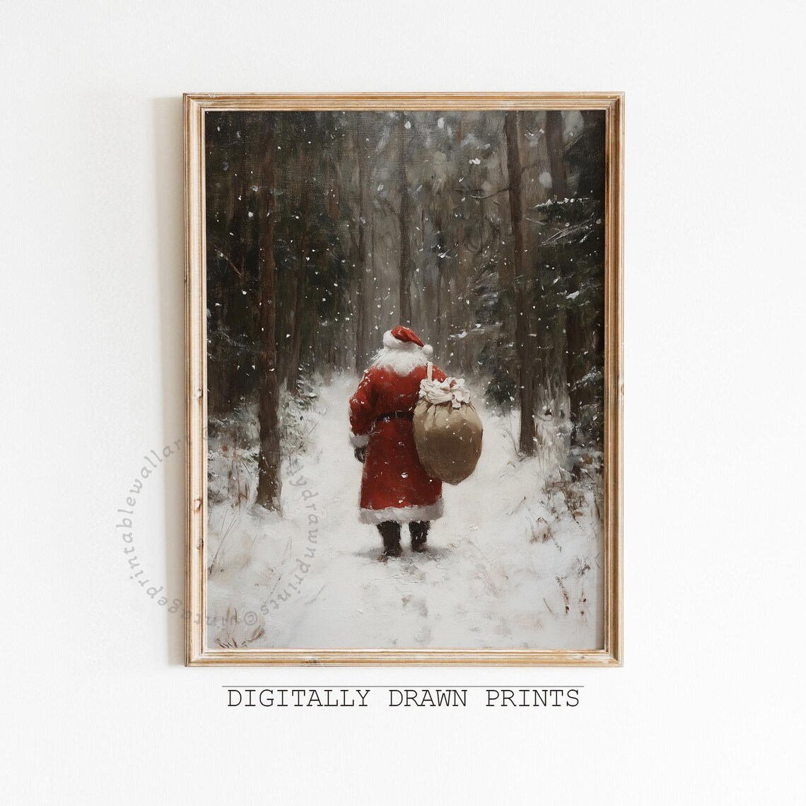 Vintage Santa Christmas Art Print, Snowy Landscape