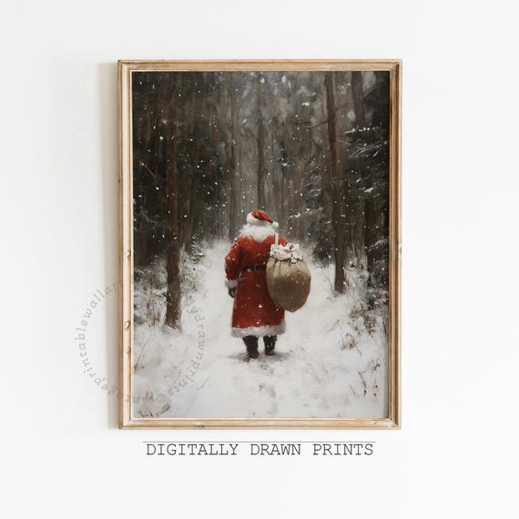 Vintage Santa Christmas Art Print, Snowy Landscape