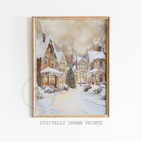 Winter Village Art Print, Neutral Farmhouse Holiday Decor