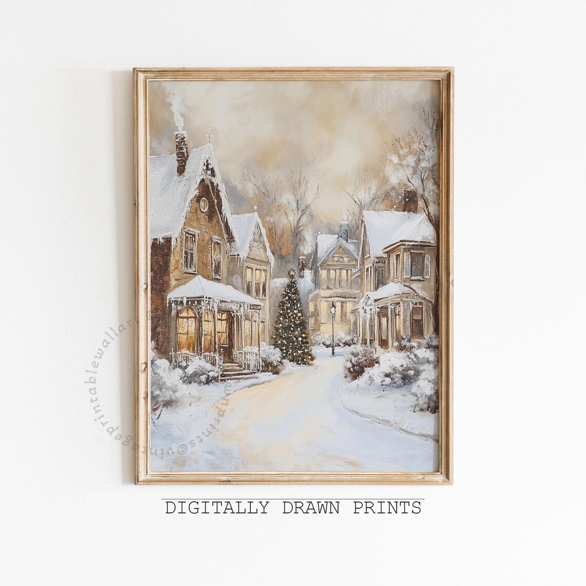 Winter Village Art Print, Neutral Farmhouse Holiday Decor
