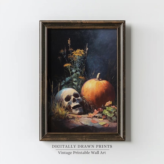 Halloween Skull And Pumpkin Wall Art Dark Academia Still Life Gothic Moody Floral Autumn Decor For Spooky Home