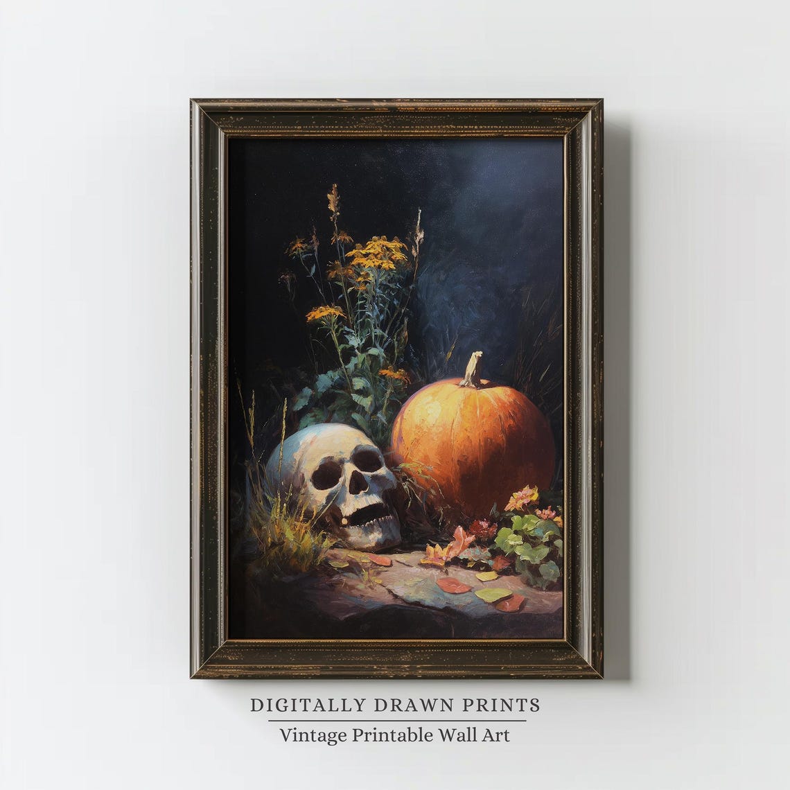 Halloween Skull and Pumpkin Moody Dark Floral Still Life Poster