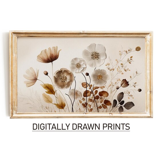 Neutral Watercolor Wildflowers Beige Blooms Soft Botanical Wall Art