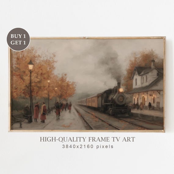 Vintage Autumn Train Station Frame Tv Art Muted Fall Landscape Painting For Samsung