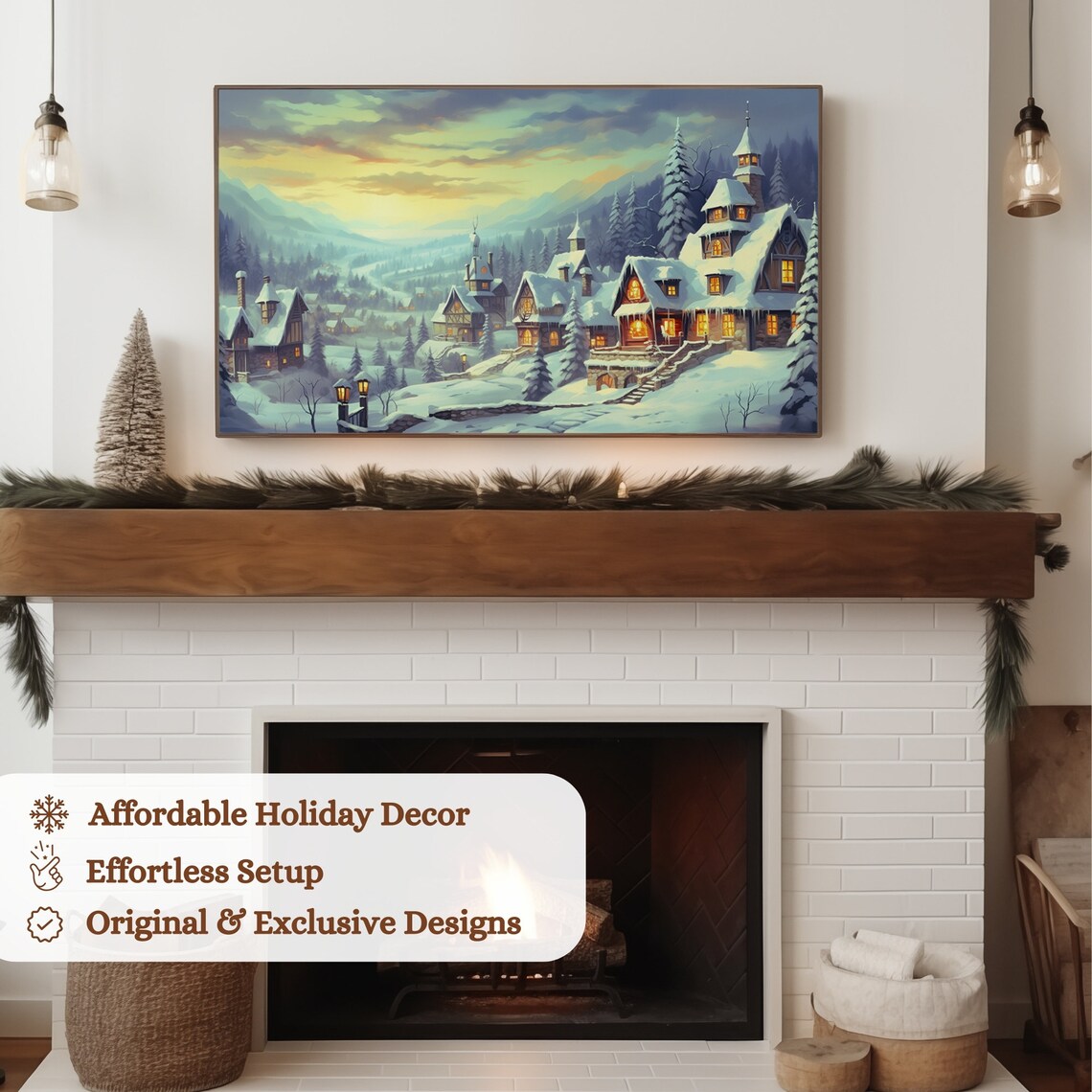 Snowy Mountain Village Sunset Winter Wonderland Landscape Art Poster - Image 3